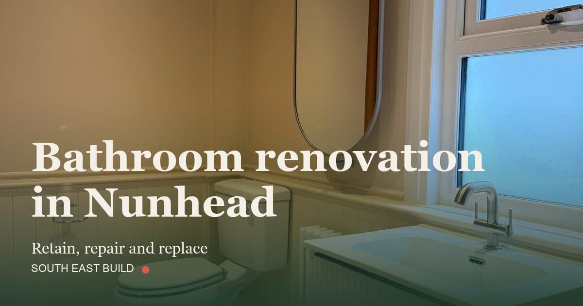 Bathroom renovation in Nunhead: title card over a photograph of our own finished work, by South East Build
