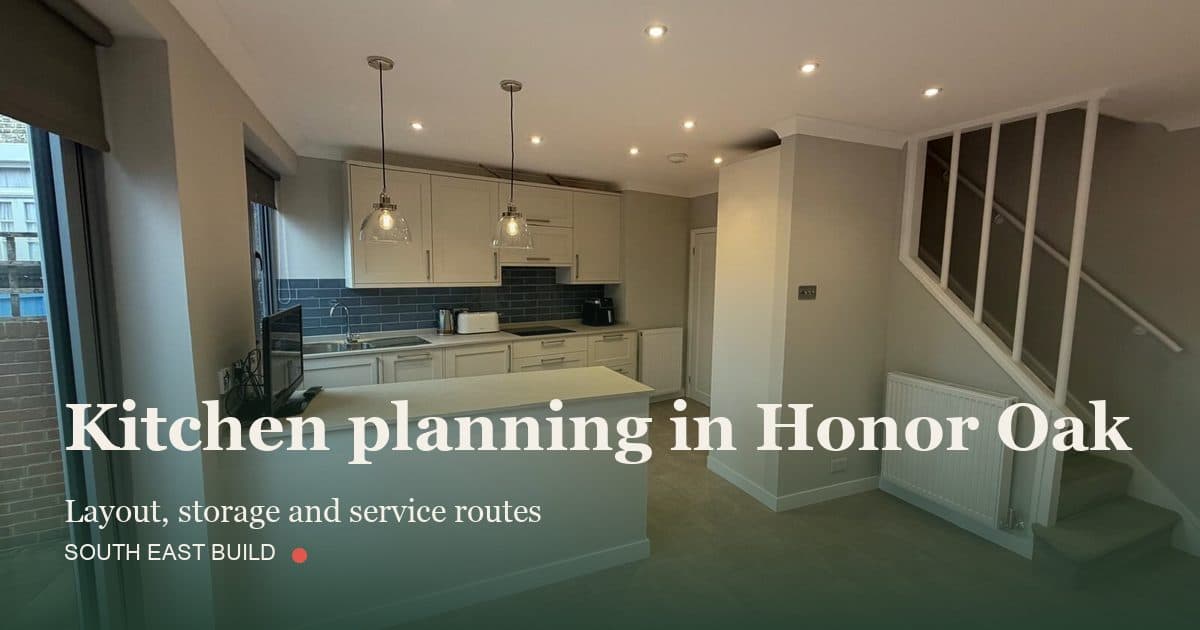 Kitchen planning in Honor Oak: title card over a photograph of our own finished work, by South East Build