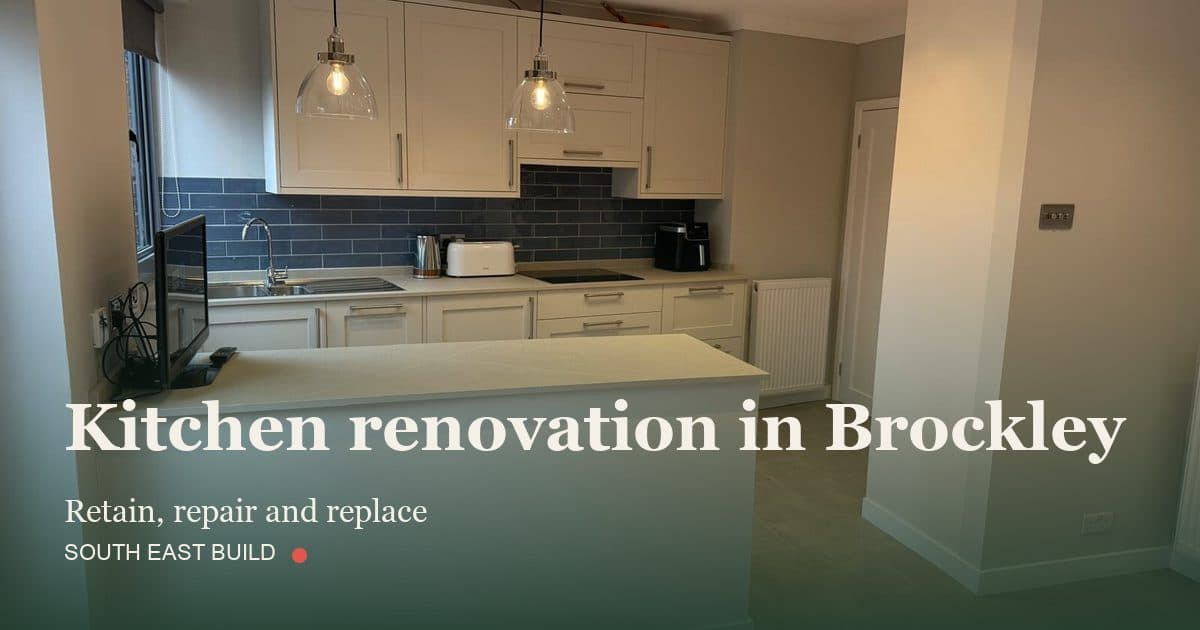 Kitchen renovation in Brockley: title card over a photograph of our own finished work, by South East Build