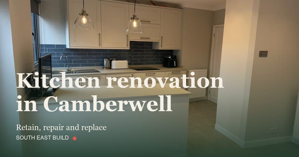 Kitchen renovation in Camberwell: title card over a photograph of our own finished work, by South East Build