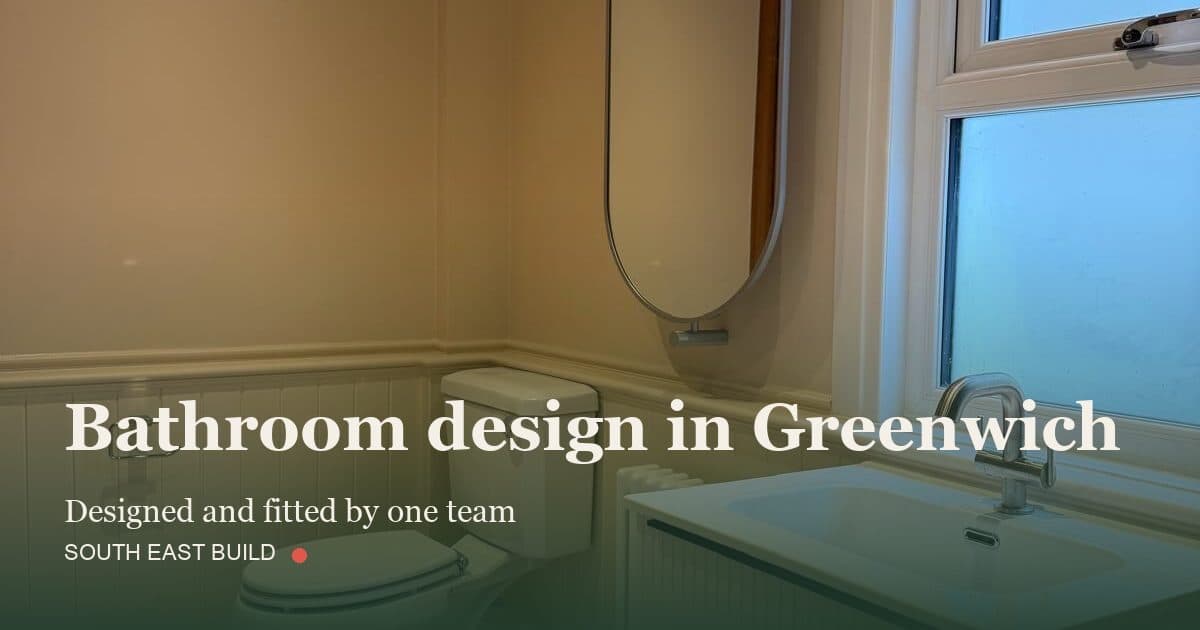 Bathroom design in Greenwich Bathroom design in Greenwich: title card over a photograph of our own finished work, by South East Build