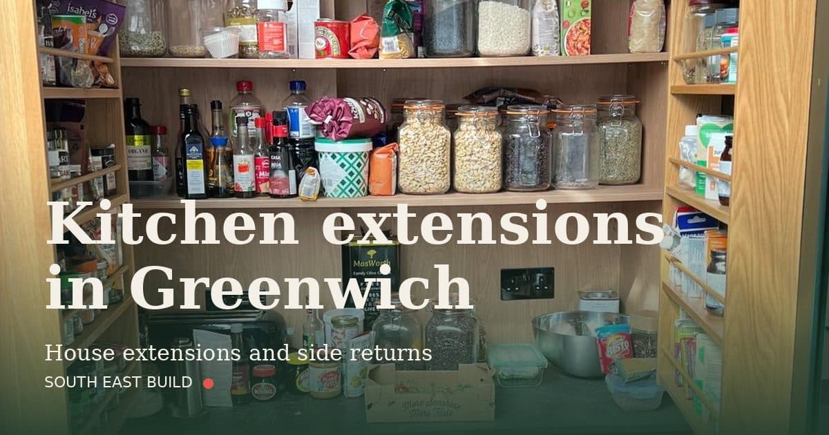 Kitchen extensions in Greenwich Kitchen extensions in Greenwich: title card over a photograph of our own finished work, by South East Build