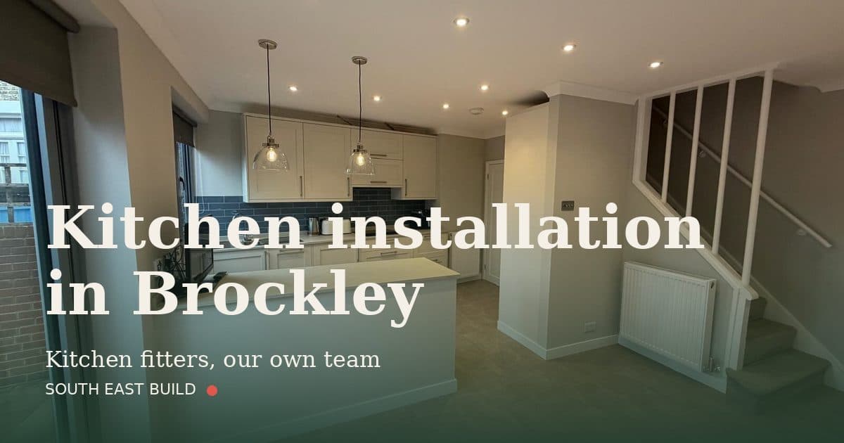 Kitchen installation in Brockley Kitchen installation in Brockley: title card over a photograph of our own finished work, by South East Build
