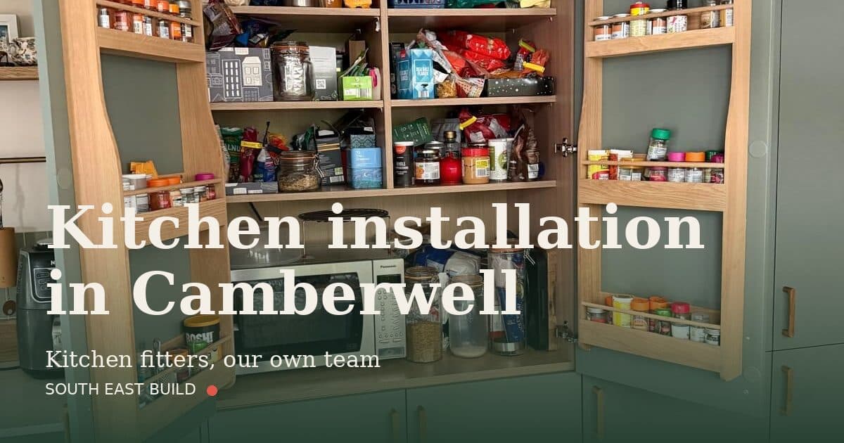 Kitchen installation in Camberwell Kitchen installation in Camberwell: title card over a photograph of our own finished work, by South East Build