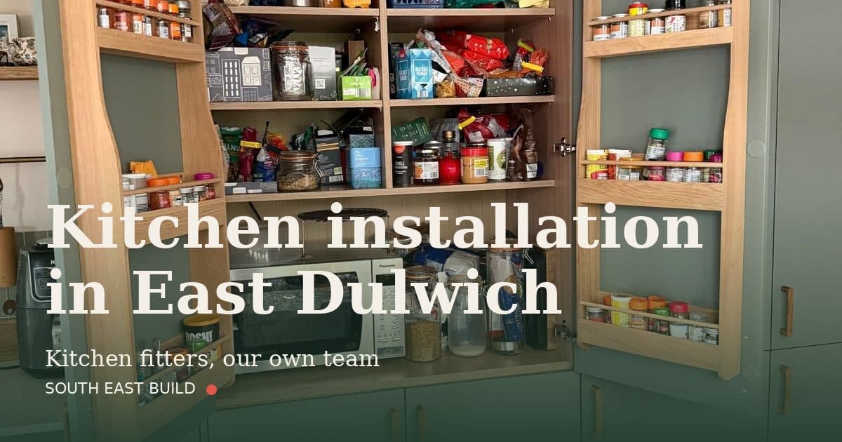 Kitchen installation in East Dulwich Kitchen installation in East Dulwich: title card over a photograph of our own finished work, by South East Build