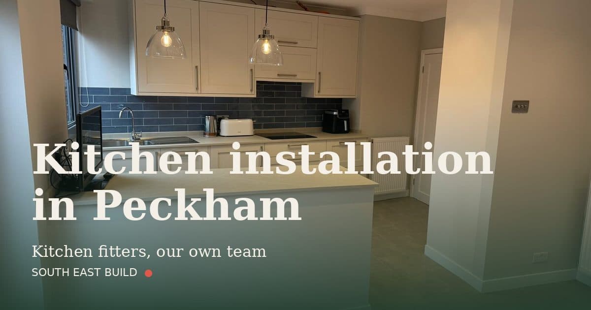Kitchen installation in Peckham Kitchen installation in Peckham: title card over a photograph of our own finished work, by South East Build