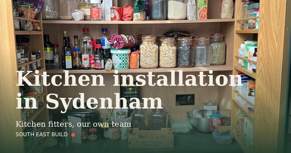 Kitchen installation in Sydenham Kitchen installation in Sydenham: title card over a photograph of our own finished work, by South East Build
