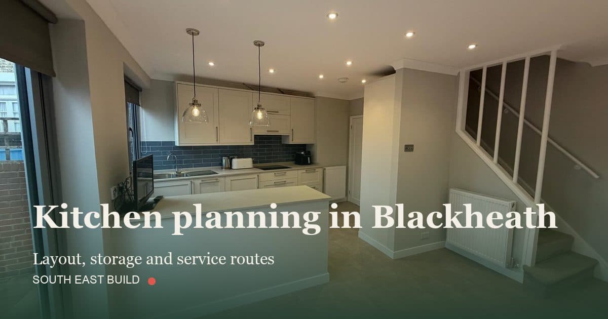 Kitchen planning in Blackheath Kitchen planning in Blackheath: title card over a photograph of our own finished work, by South East Build