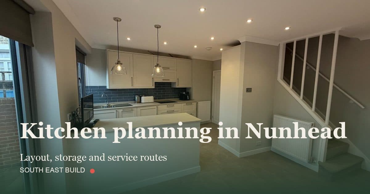 Kitchen planning in Nunhead Kitchen planning in Nunhead: title card over a photograph of our own finished work, by South East Build