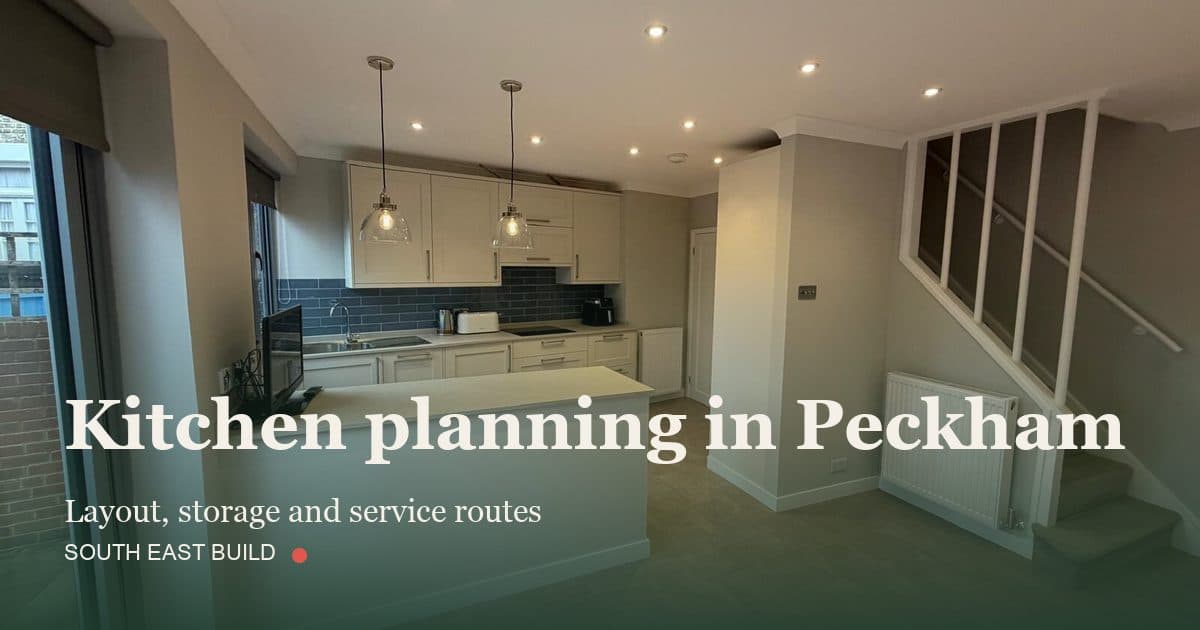 Kitchen planning in Peckham Kitchen planning in Peckham: title card over a photograph of our own finished work, by South East Build