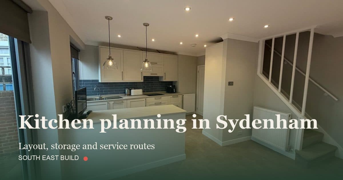 Kitchen planning in Sydenham Kitchen planning in Sydenham: title card over a photograph of our own finished work, by South East Build